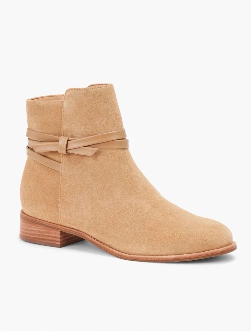 Talbots TISH Tan Suede Leather Wrap Tie Low Heel Pull On Chelsea Ankle Boots